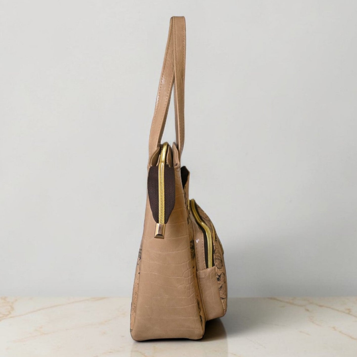 Black Floral Cork Tote Bag, Beige Vinyl Accents, Gold Hardware, Work Travel Bag