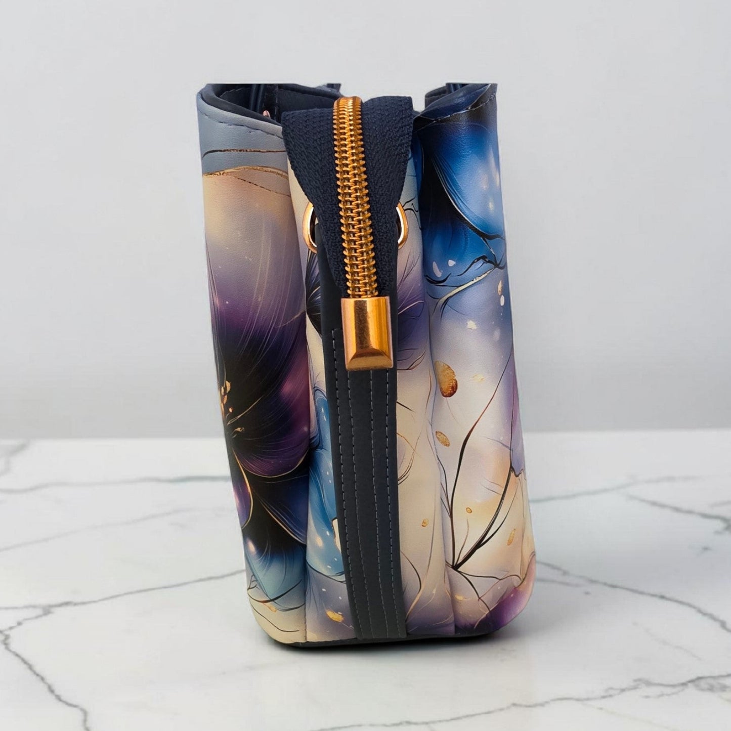 Blueberry Floral Faux Leather Handbag, Rose Gold Hardware, Zippered Compartment