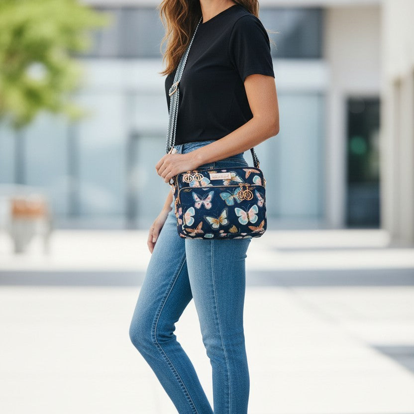 Butterfly Print Crossbody Bag: Waterproof Canvas with Rose Gold Hardware